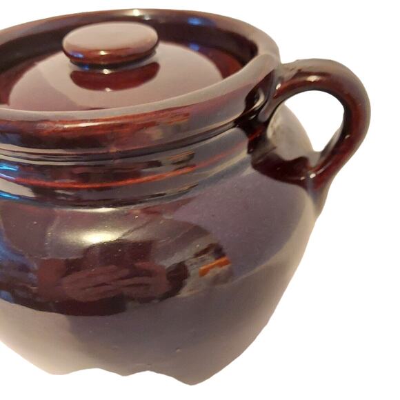 Bean Pot Brown Stoneware Ceramic Glazed 2 Handle Ovenproof w/Lid Antique Prim - Picture 13 of 16